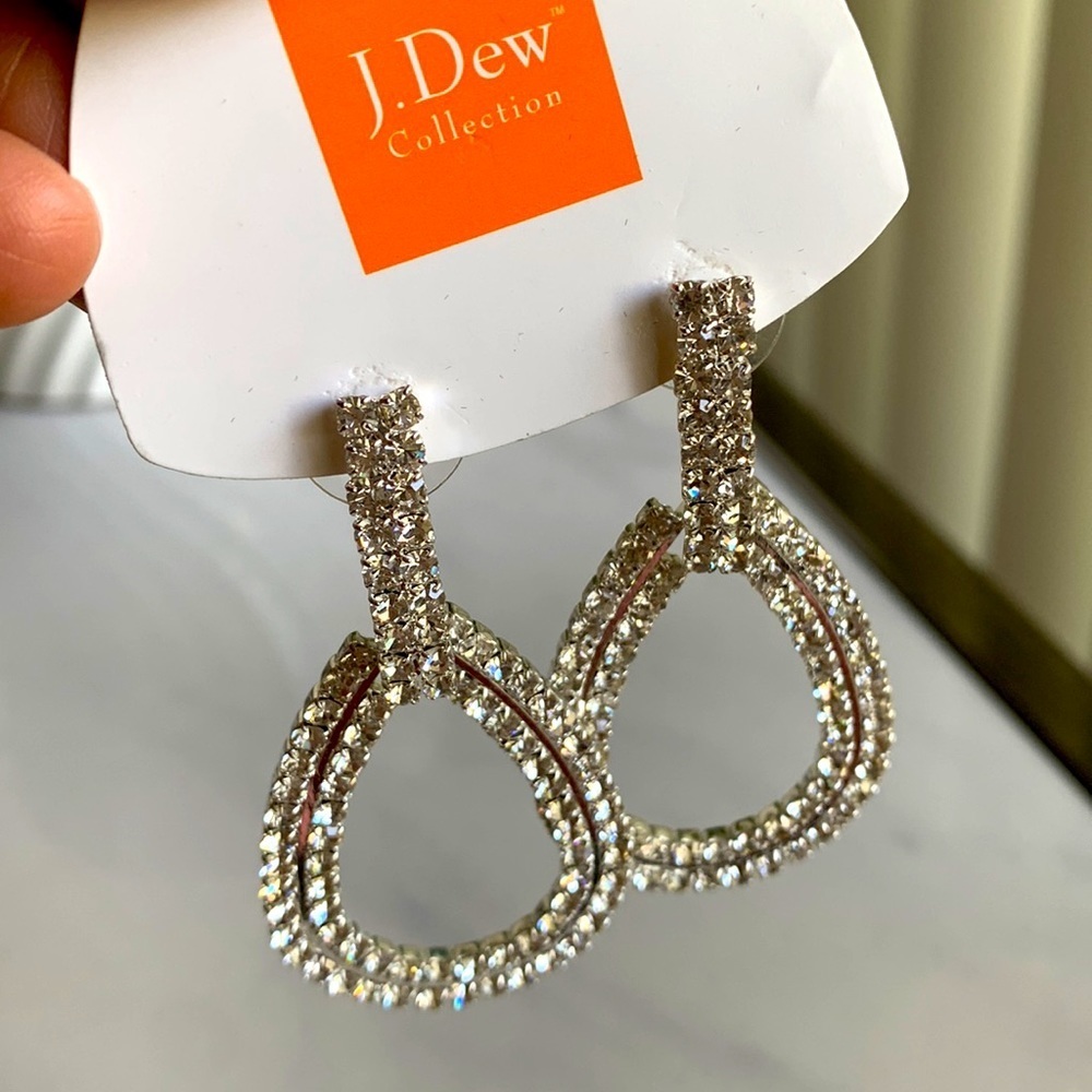 J. Dew Crystal Drop Earrings Silver Tone Large - Picture 6 of 8